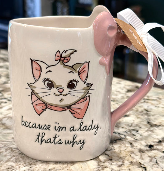 New Rae Dunn white ceramic Aristocats coffee mug BECAUSE I’M A LADY THAT’S WHY