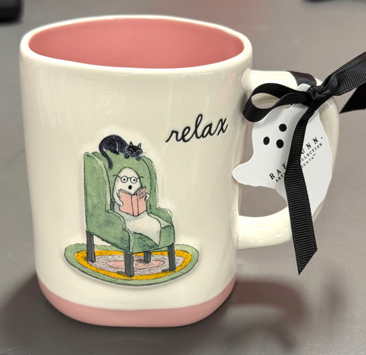 New Rae Dunn pink rimmed ghost reading ceramic coffee mug RELAX