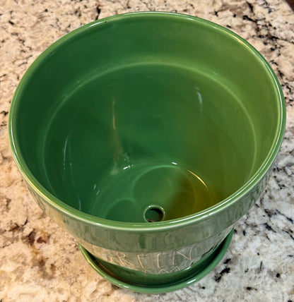 Rae Dunn large ceramic green garden planter decor GREEN THUMB 8x8