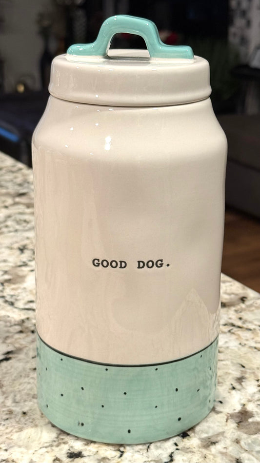 New Rae Dunn blue polka storage container canister 8.75” GOOD DOG.