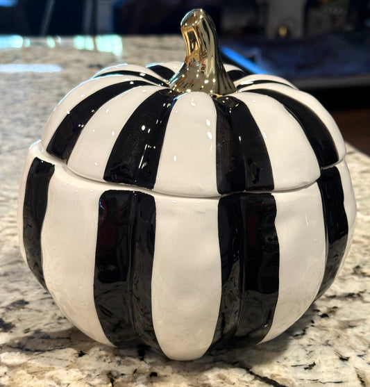 New black & white striped ceramic pumpkin cookie jar canister