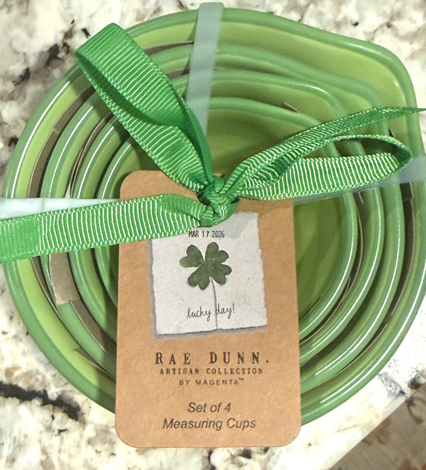 New Rae Dunn green ceramic St. Patrick’s Day shamrock measuring cup set