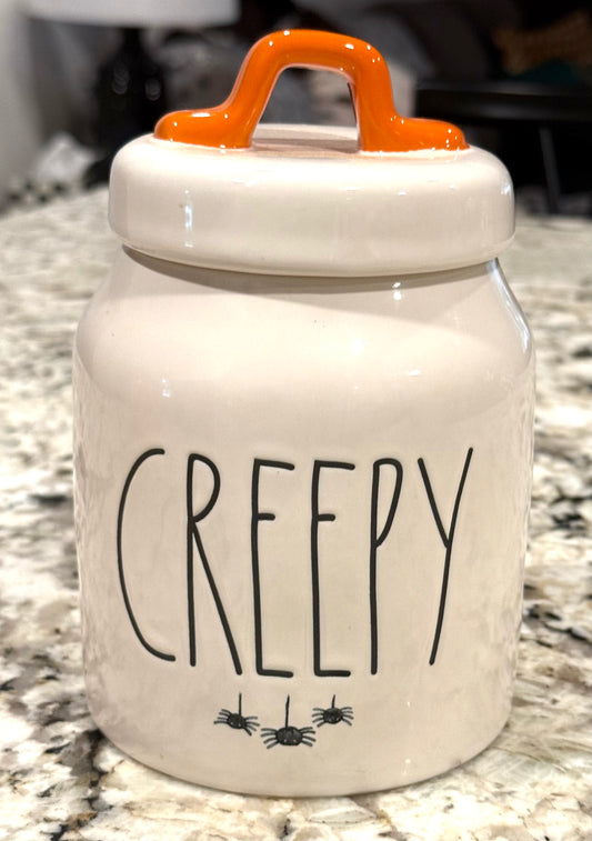 New Rae Dunn white ceramic Halloween decor 🎃 canister CREEPY