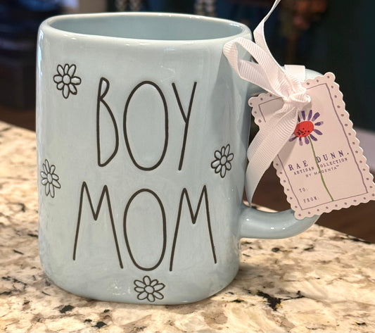 New Rae Dunn blue floral ceramic coffee mug BOY MOM