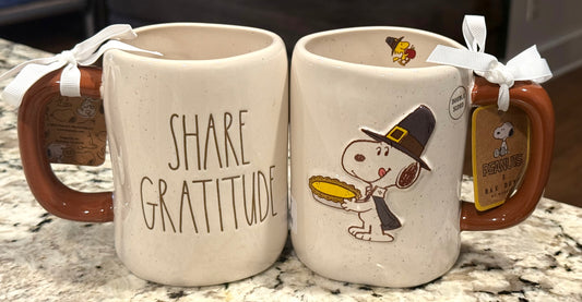 New Rae Dunn x Peanuts Snoopy ceramic coffee mug SHARE GRATITUDE