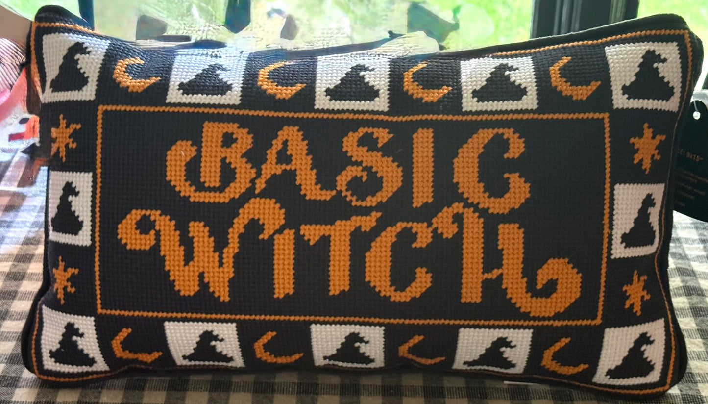 New 9x15 orange and black Halloween needle point hook throw pillow decor BASIC WITCH