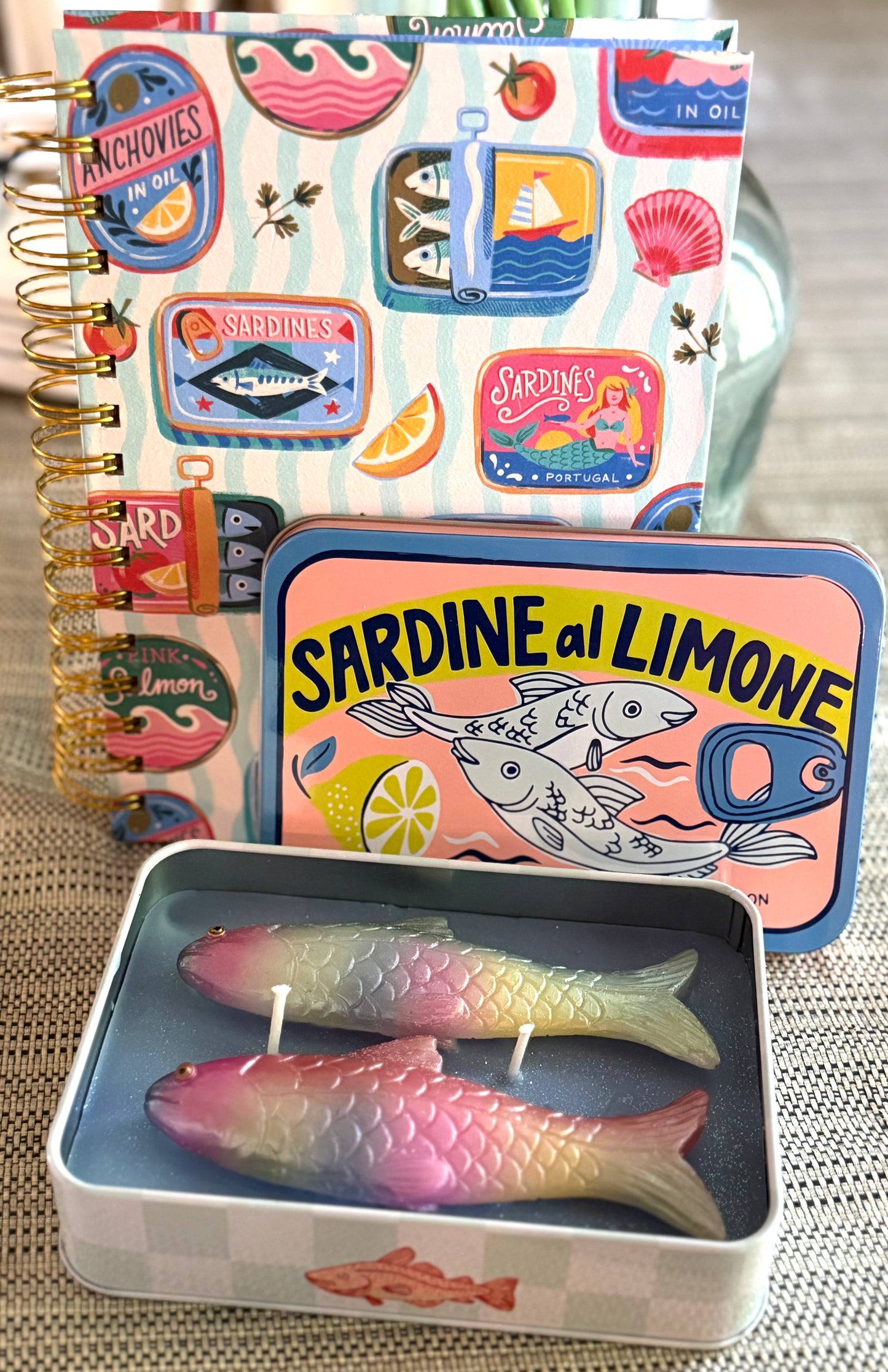 New Sardines printed spiral notebook & candle gift set (pink)