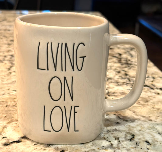 New Rae Dunn white ceramic coffee mug LIVING ON LOVE