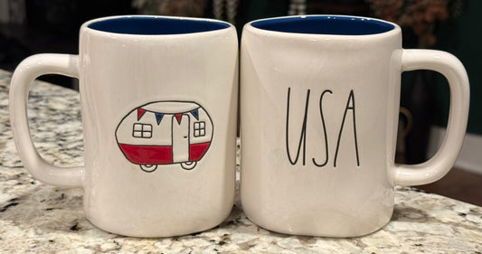 New Rae Dunn Americana white ceramic USA coffee mug camper back