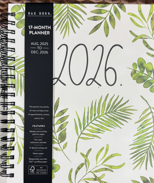 New Rae Dunn 2025/2026 Planner white leaf print. Spiral, hardback