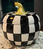 New ceramic Becky Owen’s 8x8 black and white checkered pumpkin cookie jar storage canister