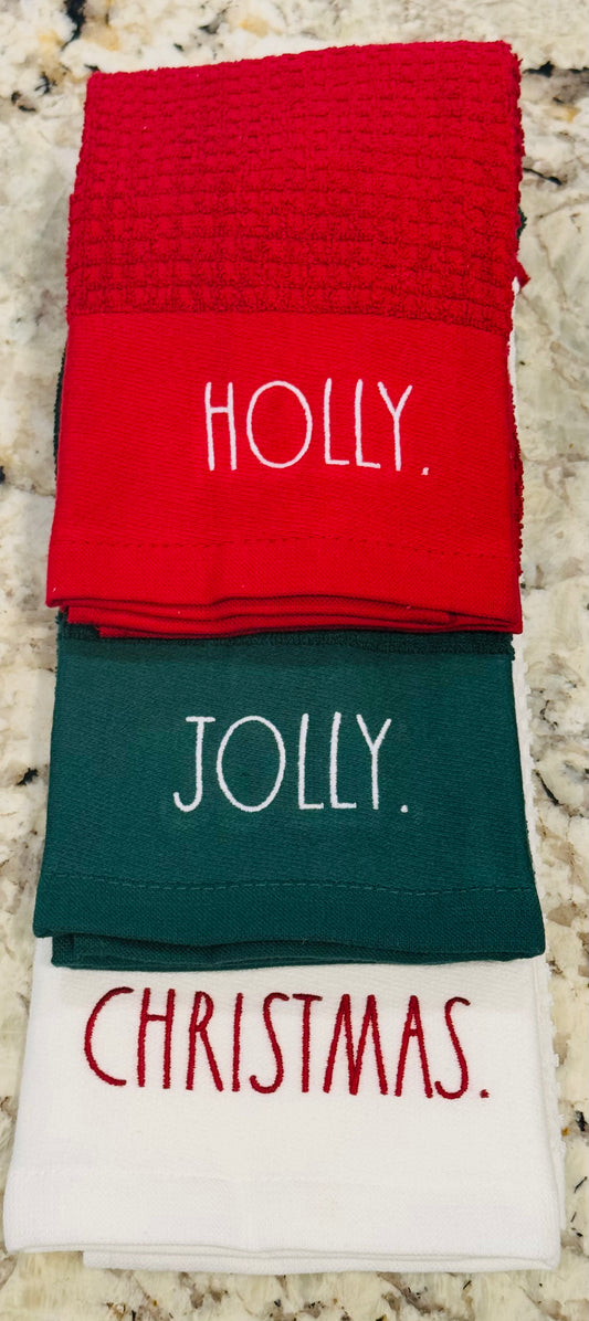 New Rae Dunn Christmas kitchen 3-piece dish towel set HOLLY JOLLY CHRISTMAS