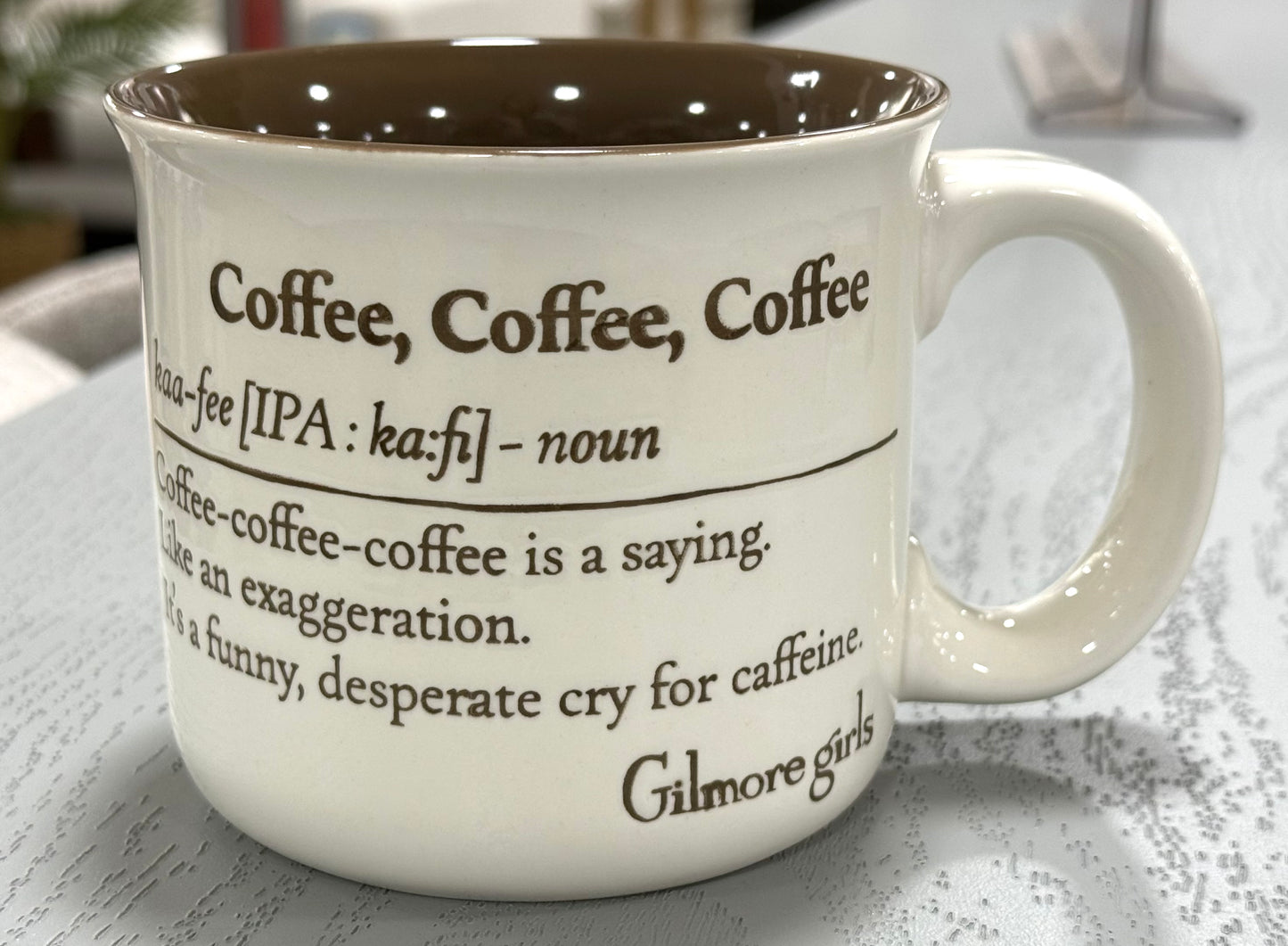 New brown ceramic Gilmore Girls coffee mug COFFEE COFFEE COFFEE