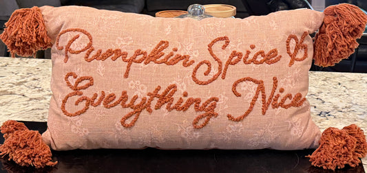 New knot stitched orange fall tasseled pillow PUMPKIN SPICE, EVERYTHING NICE