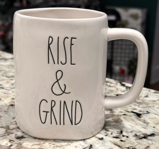 New Rae Dunn white ceramic coffee mug RISE & GRIND