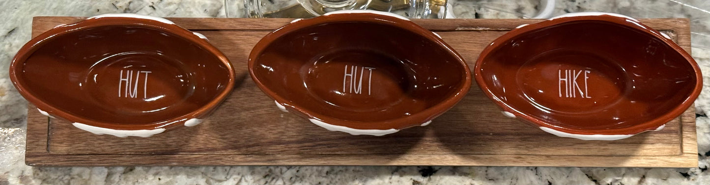 New Rae Dunn football line ceramic dip tray HUT HUT HIKE bowls