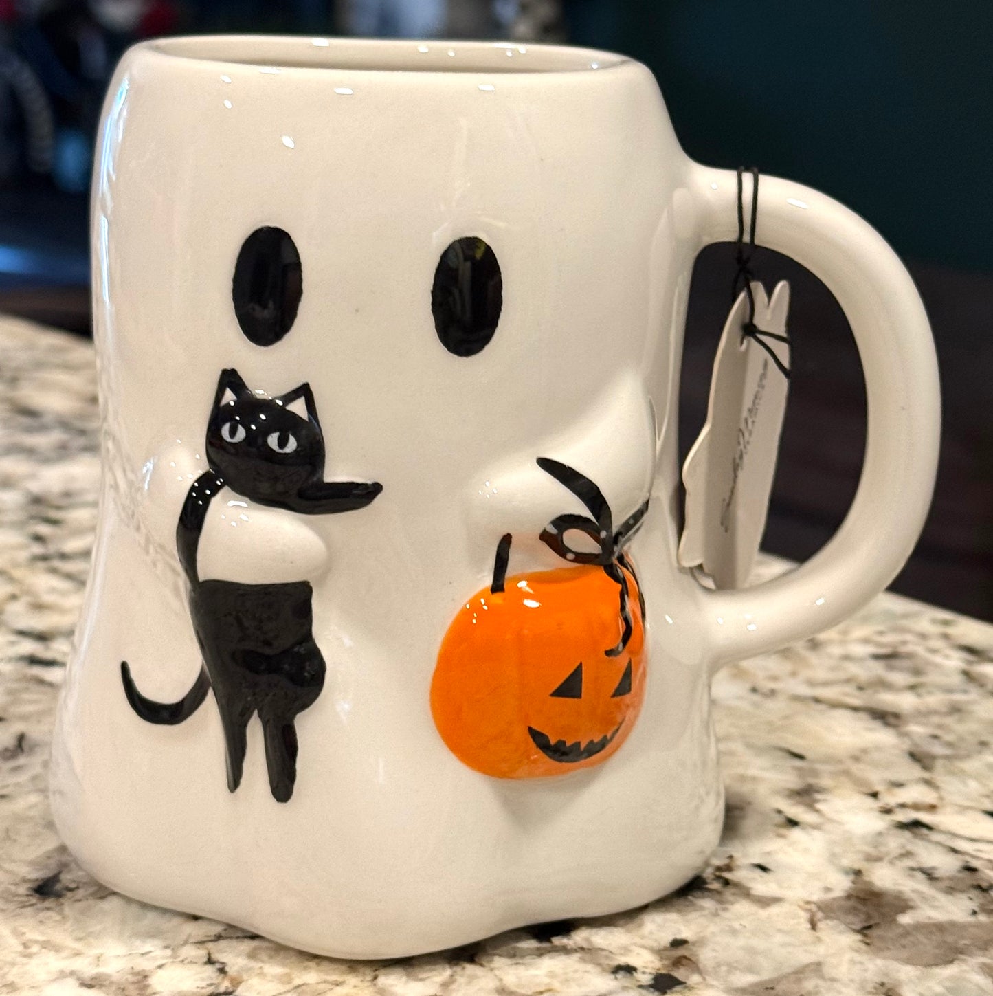 New white ceramic Halloween ghost carrying cat coffee mug