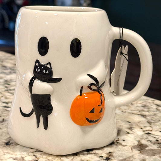 New white ceramic Halloween ghost carrying cat coffee mug