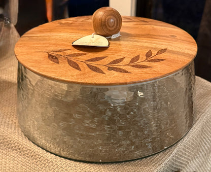 New Made in India 10” glass storage cake holder with floral wood top