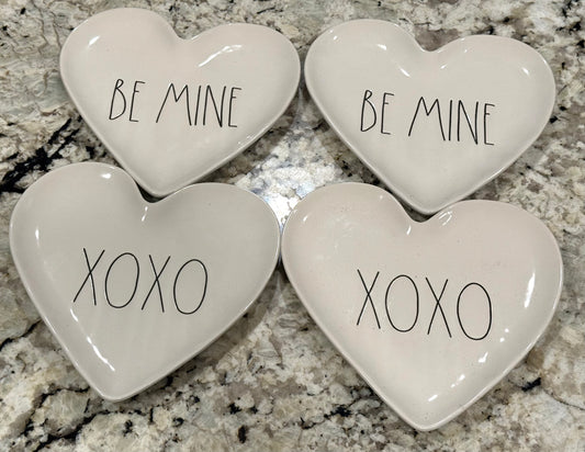New Rae Dunn white ceramic 4-piece heart shaped plate set XOXO/BE MINE