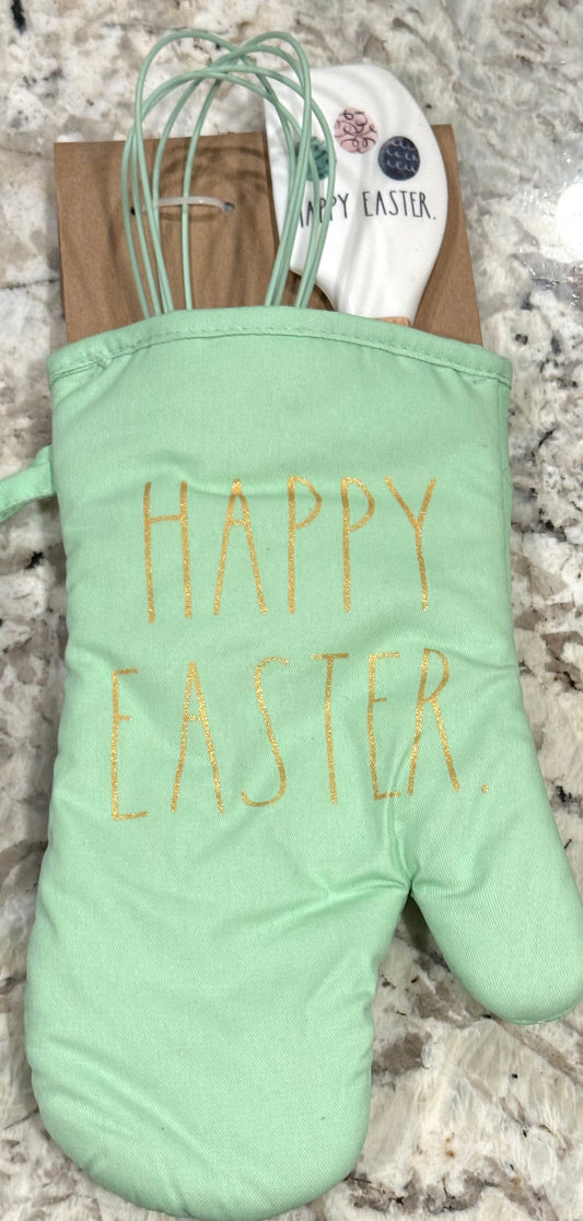 New Rae Dunn green Easter oven mitt and kitchen utensil set HAPPY EASTER