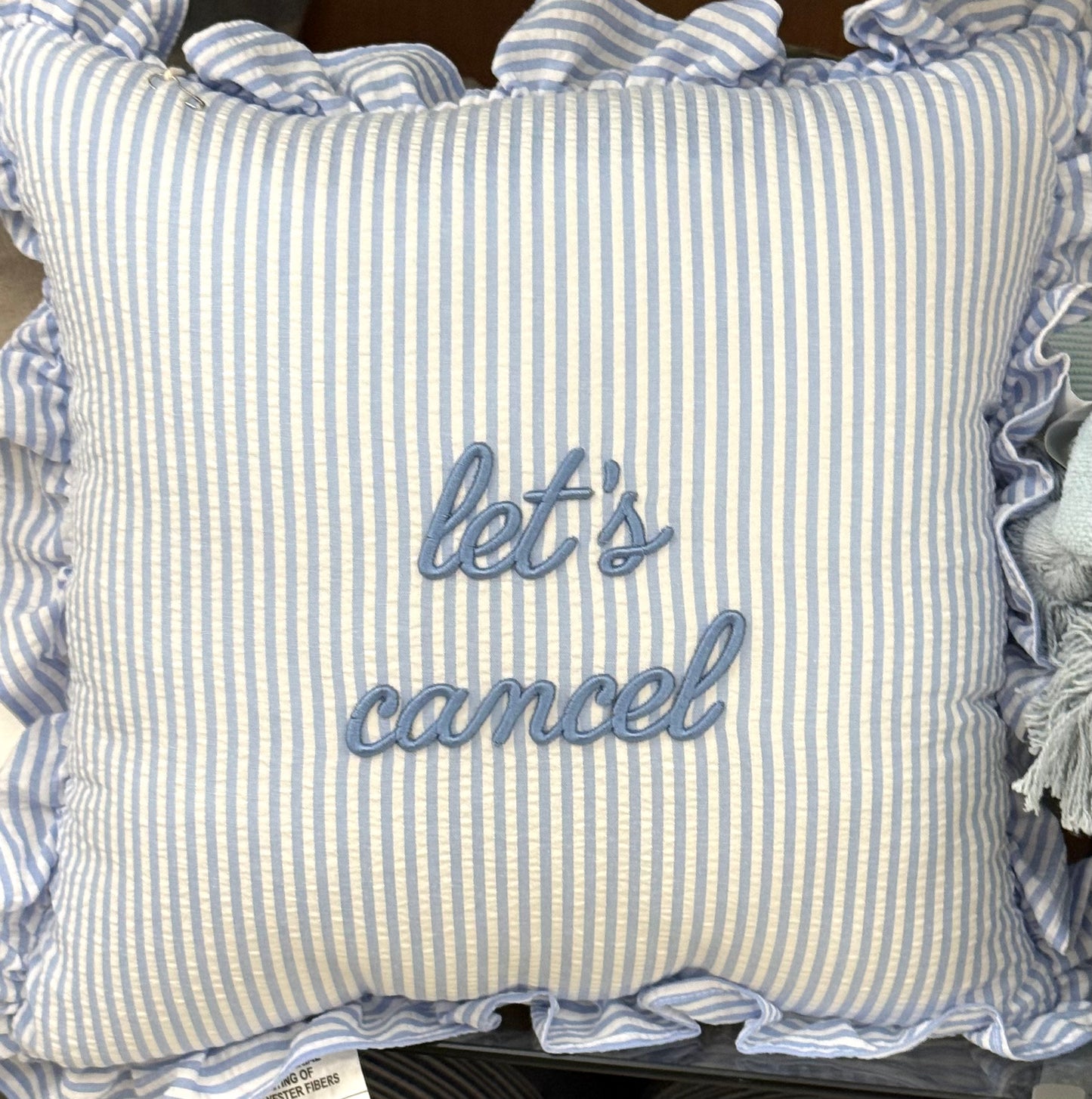 New ruffled edge blue gingham throw pillow 14x14 LET’S CANCEL