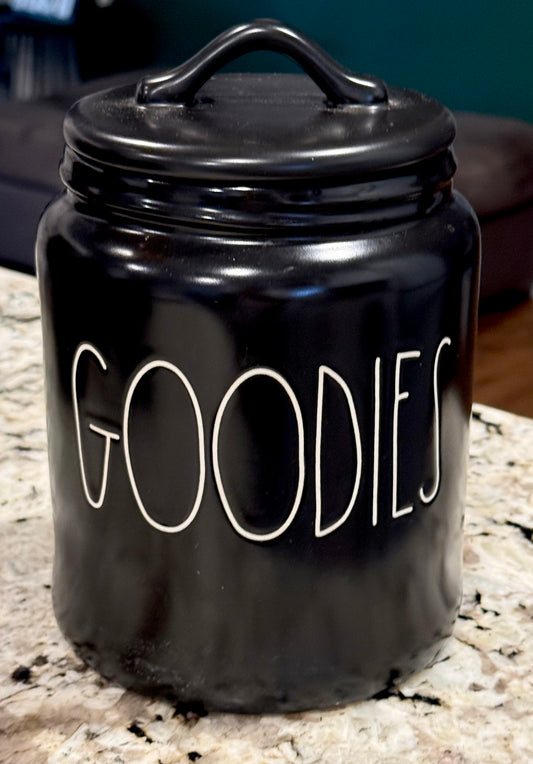 New Rae Dunn black ceramic GOODIES canister 8”