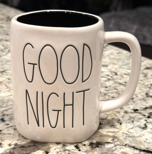 New Rae Dunn white ceramic GOOD NIGHT black interior