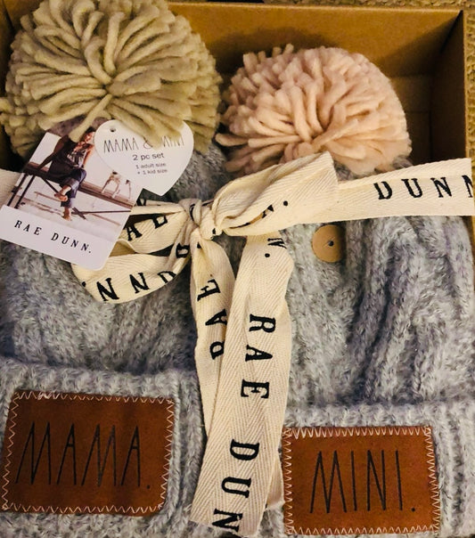 New Rae Dunn gray Pom Pom toboggan winter hat set MOM/MINI