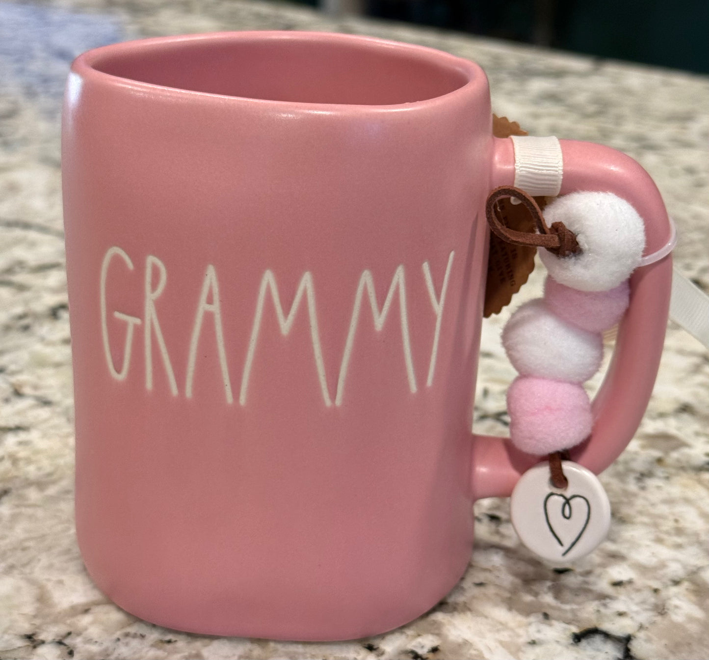 New Rae Dunn pink ceramic pom charm coffee mug GRAMMY