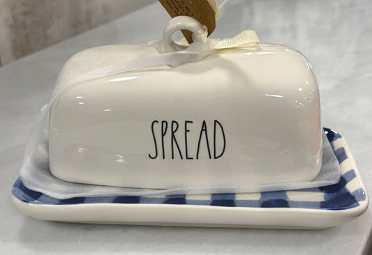 New release Rae Dunn ceramic butter dish blue plaid base, SPREAD