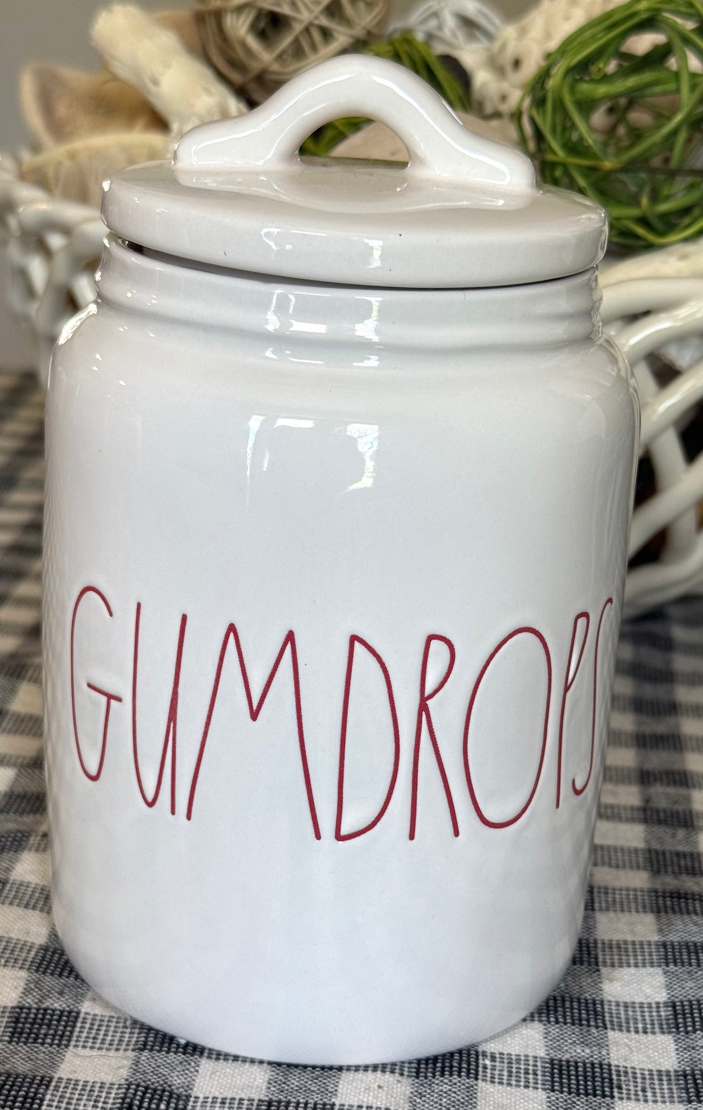New Rae Dunn white 6” ceramic Christmas storage decor canister GUMDROPS