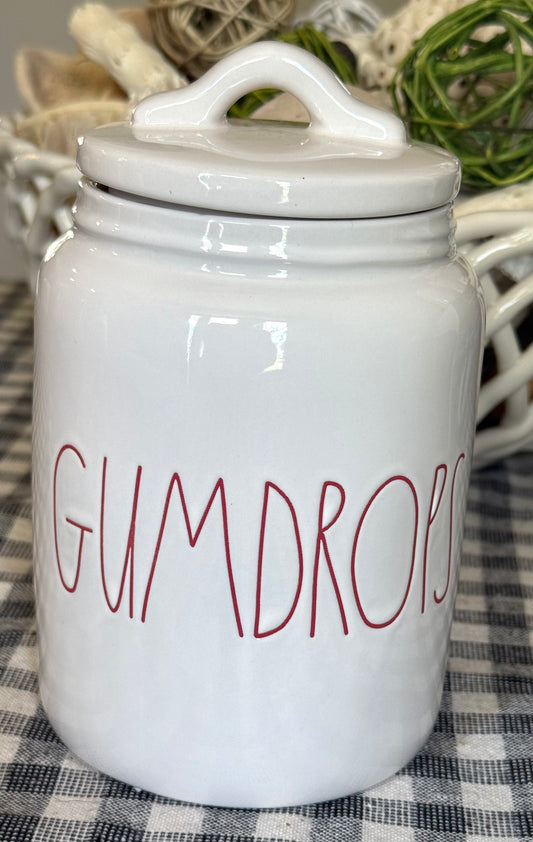 New Rae Dunn white 6” ceramic Christmas storage decor canister GUMDROPS