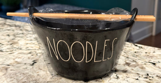 New Rae Dunn black ceramic NOODLES bowl with chopstick set