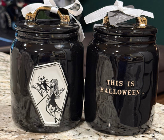 New Rae Dunn x Nightmare before Christmas black iridescent canister Jack and Sally THIS IS HALLOWEEN.