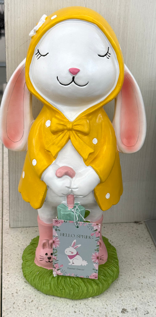 New resin Easter Bunny polka dot rain jacket decor 12”