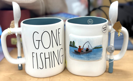 New Rae Dunn white ceramic coffee mug GONE FISHING 🎣 with ceramic spoon