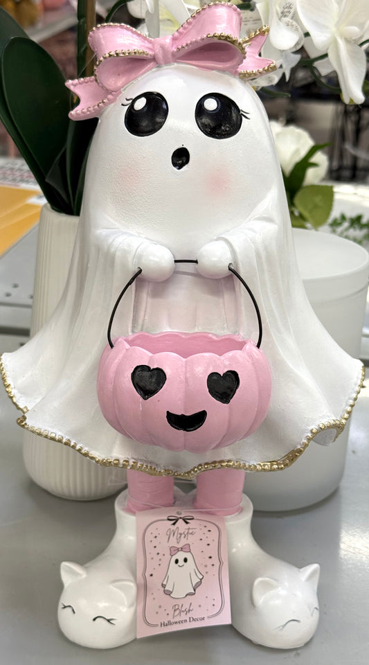 New 10” resin pink bow/bucket/slippers ghost Halloween decor