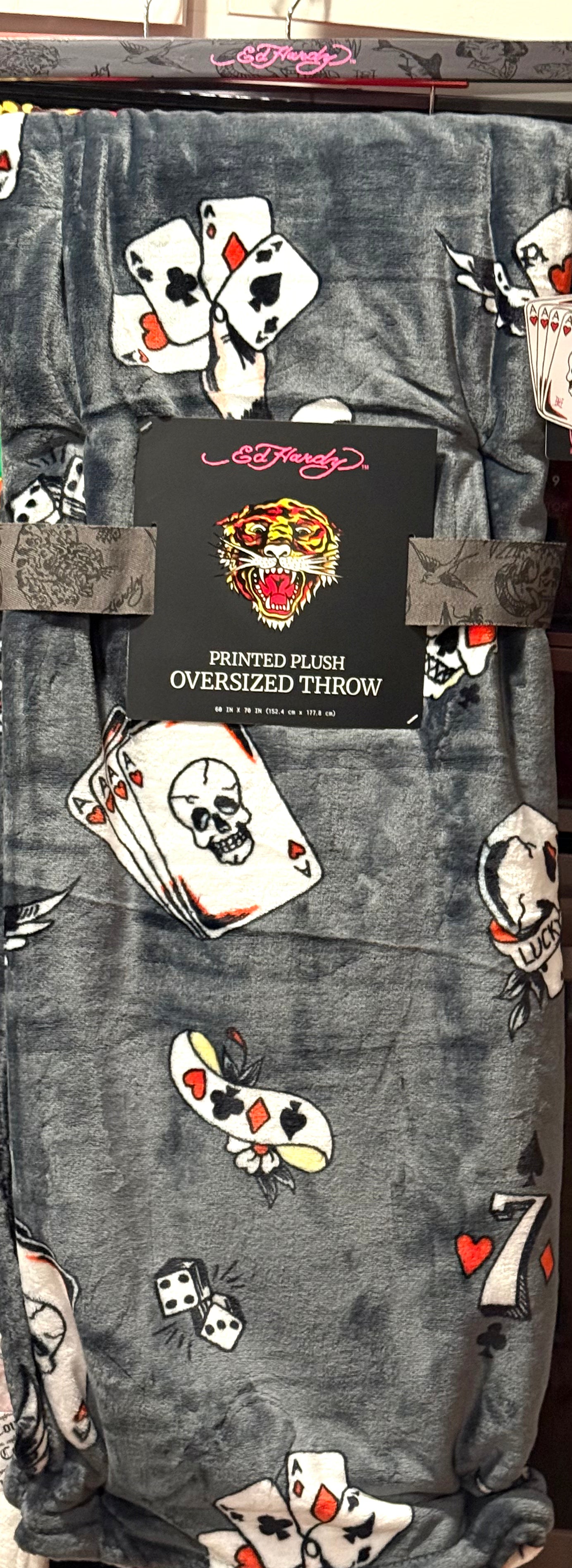 New gray Ed Hardy oversized Ace of Hearts card/skeleton throw blanket 60x70