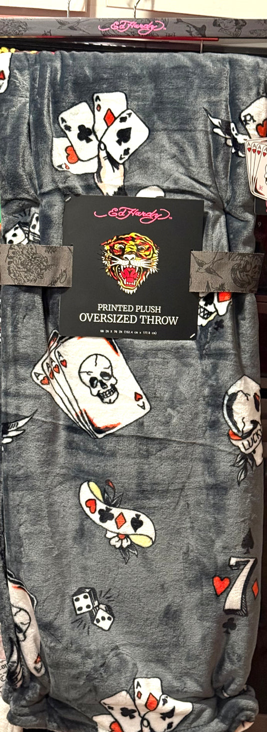 New gray Ed Hardy oversized Ace of Hearts card/skeleton throw blanket 60x70