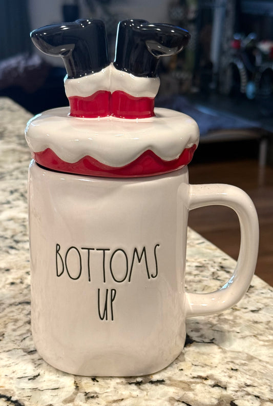 New Rae Dunn ceramic Christmas leg topped coffee mug BOTTOMS UP