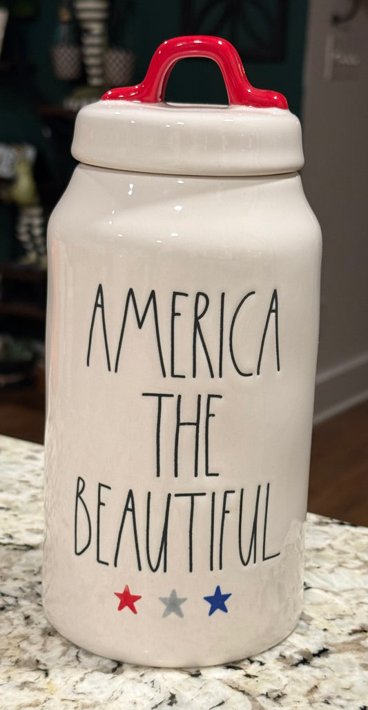 New Rae Dunn Americana ceramic star AMERICA THE BEAUTIFUL 9” star trimmed canister