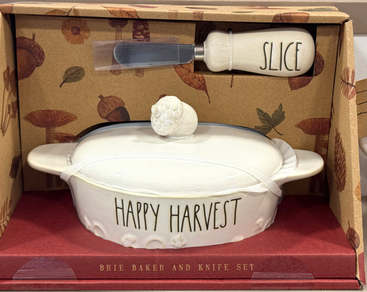 New Rae Dunn ceramic brie’ baker and knife set acorn topped HAPPY HARVEST