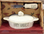New Rae Dunn ceramic brie’ baker and knife set acorn topped HAPPY HARVEST
