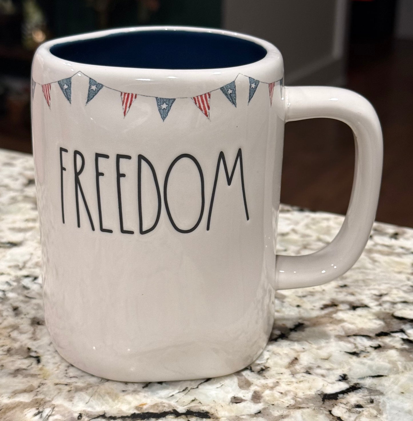 New Rae Dunn Americana ceramic coffee mug FREEDOM flag banner