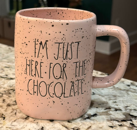 New Rae Dunn pink speckled Easter coffee mug I’M JUST HERE FOR THE CHOCOLATE