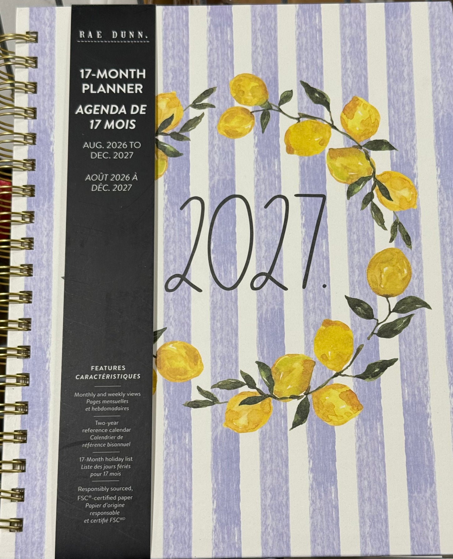 New Rae Dunn 8x10 spiral hardback 2026-2027 Planner-striped lemon