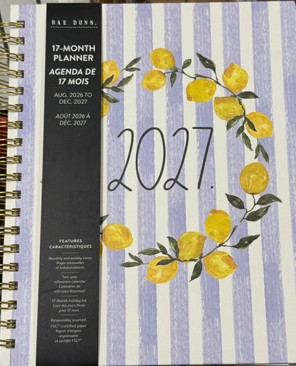 New Rae Dunn 8x10 spiral hardback 2026-2027 Planner-striped lemon