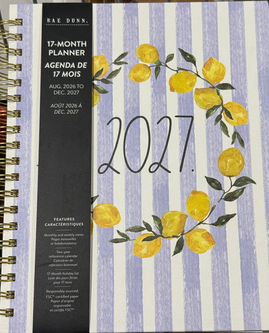 New Rae Dunn 8x10 spiral hardback 2026-2027 Planner-striped lemon