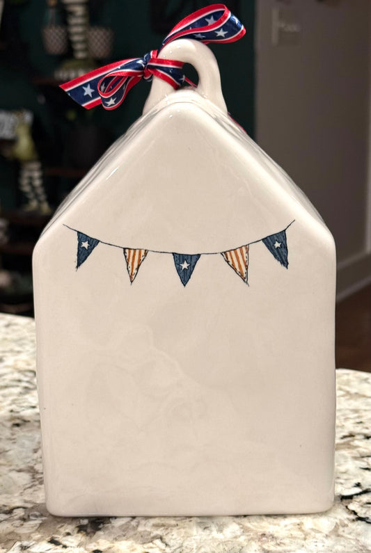 New Rae Dunn Americana ceramic birdhouse LIBERTY flag banner